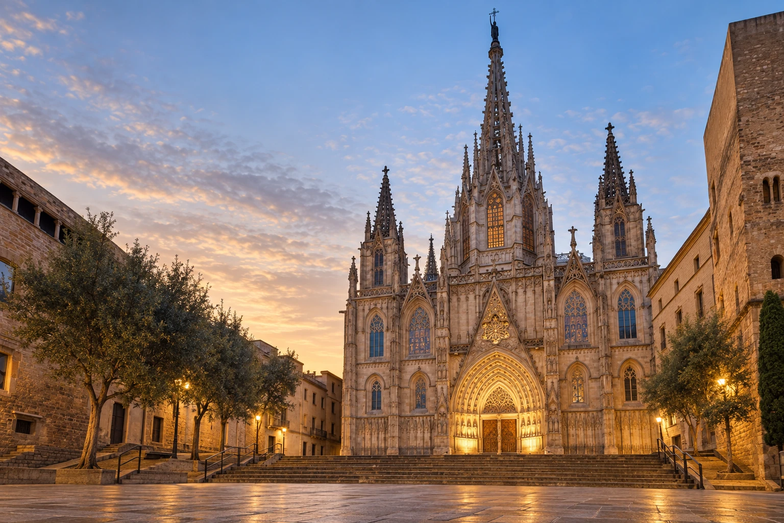 A barcelonai katedrális gótikus homlokzata és tornyai hajnalban