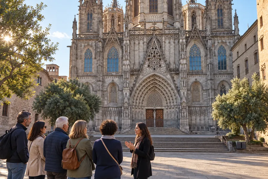 Vezetett csoport látogatja a barcelonai katedrálist